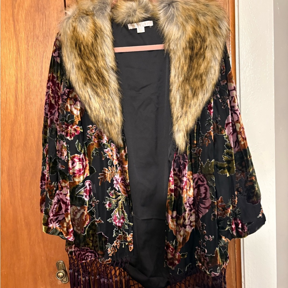 Boston Proper Floral Velvet Jacket with Faux Fur